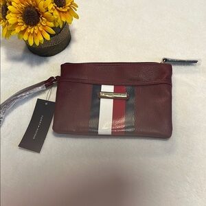 Tommy Hilfiger Red and Black Wristlet with Decorative Stripes